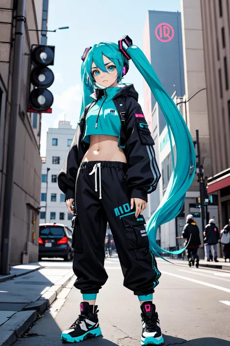 hatsune miku, midriff, scenery, frown, midriff, streetwear, techwear, arknights
