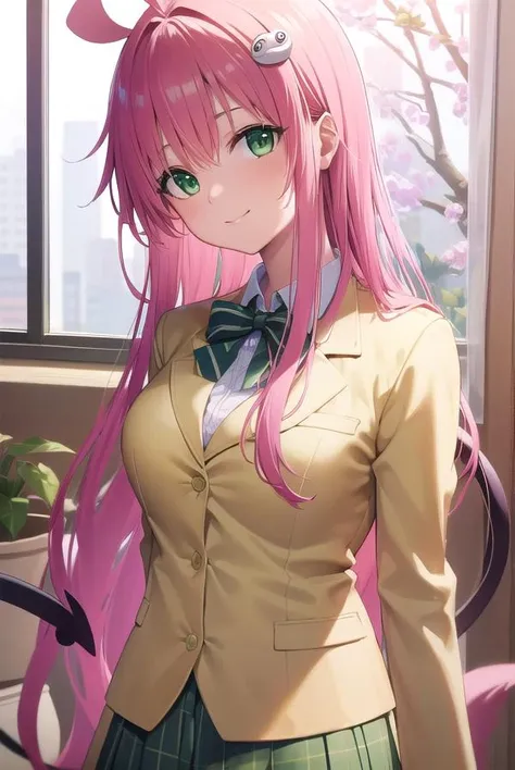 laladevilluke, <lyco:laladeviluke-lyco-nochekaiser:1>,
lala deviluke, long hair, pink hair, tail, ahoge, bangs, hair ornament, (green eyes:1.5), <lora:talkmouth_E_v100:0.8>,
BREAK school uniform, white shirt, (yellow blazer:1.5), blazer, ribbon, green ribb...