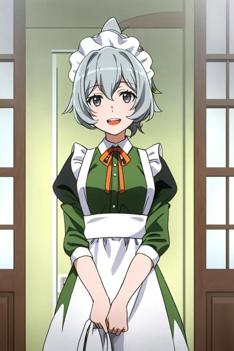 syr, anime_art_style, 1girl, solo, looking_at_viewer, smile, short_hair, open_mouth, bangs, long_sleeves, dress, ribbon, hair_between_eyes, ponytail, :d, grey_hair, puffy_sleeves, indoors, hand_up, apron, grey_eyes, maid, maid_headdress, neck_ribbon, julie...