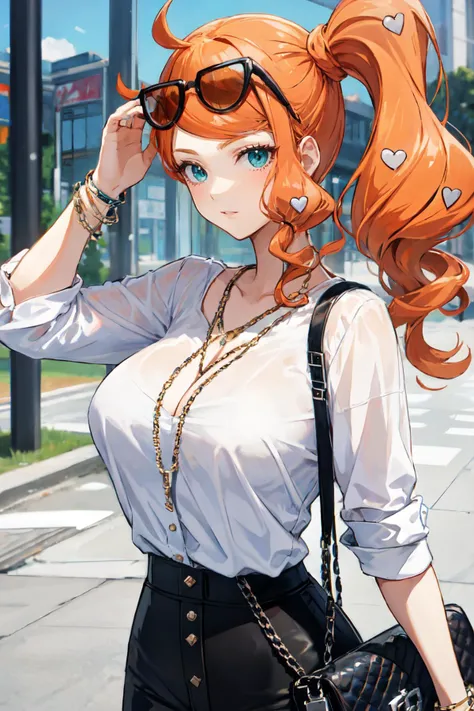 sonia, side ponytail, orange hair, aqua eyes, long hair, heart hair ornaments,eyewear on head, large breasts, White blouse, black pants, and a classic Chanel chain bag <lora:sonia:0.8>