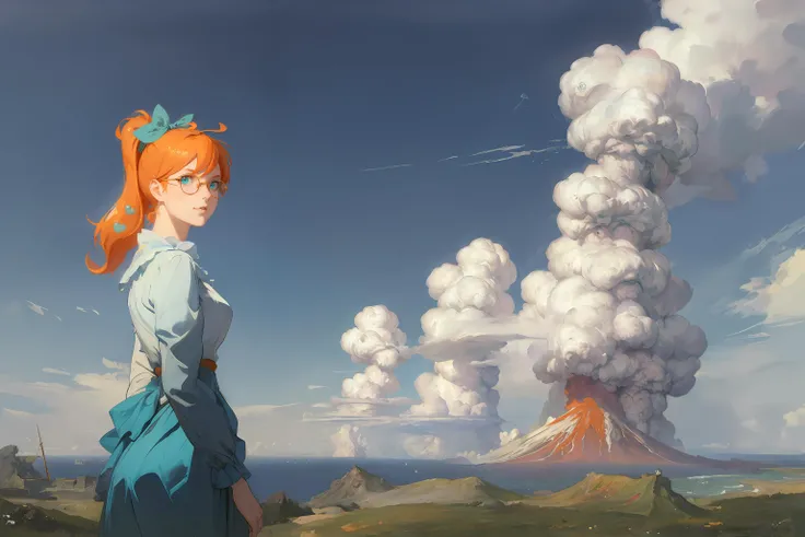 (masterpiece, best quality, high quality), air, sky, clouds in the background,  sonia, side ponytail,orange hair, (heart hair ornaments:1.4), aqua eyes, eyewear on head, <lora:sonia:0.8>, looking at viewer, curious, amused