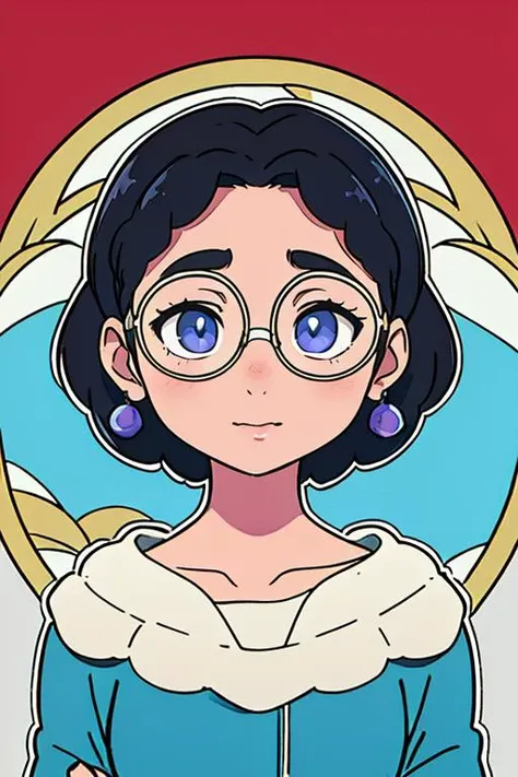 a cartoon girl with glasses and a blue dress