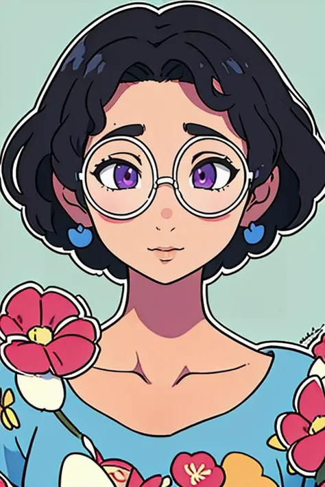 a cartoon girl with glasses and flowers in her hand