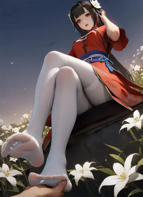 masterpiece, best quality, dynasty warriors_daqiao, chinese clothes, red dress, from side, from below, black eyes, long hair, blunt bangs, sitting, white flowers, jasmine (flower), night, flower land, grasslands, hand in own hair, pov hands, looking at vie...