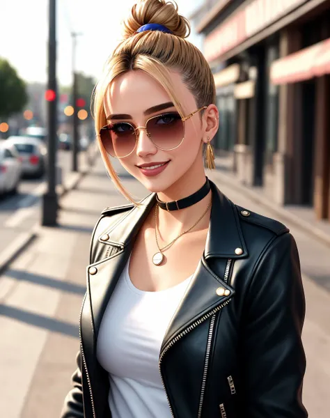 4K, Masterpiece, highres, absurdres,natural volumetric lighting and best shadows, deep depth of field, sharp focus, smiling,soft delicate beautiful attractive face, 
Nadia with sunglasses and a choker,leather jacket, smile, bicolor hair,  two-tone hair, ma...