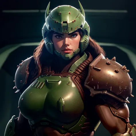 4K, Masterpiece, 4K, Masterpiece, highres, absurdres,natural volumetric lighting and best shadows, deep depth of field, sharp focus, soft delicate beautiful attractive face,drawing style,
dslayer,carmenIbanez in a green and brown armor, the only thing they...