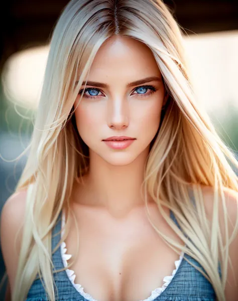 a close up of a woman with long blonde hair and blue eyes