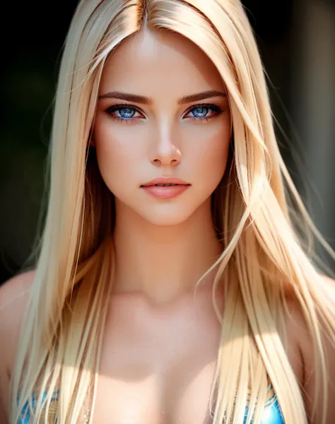 a woman with long blonde hair and blue eyes posing for a picture