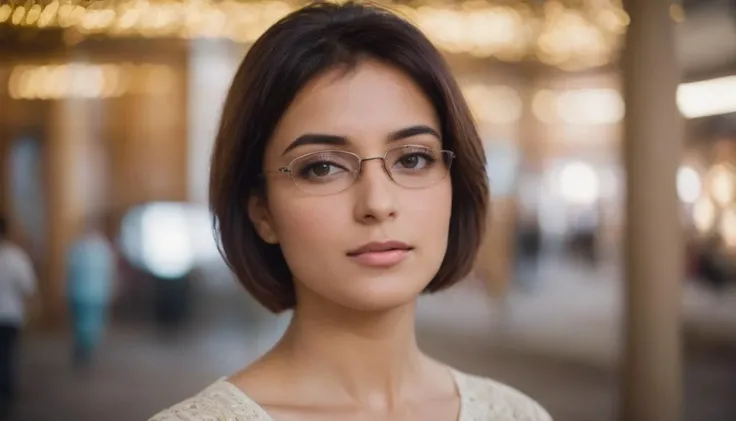 a woman with glasses standing in a room with people