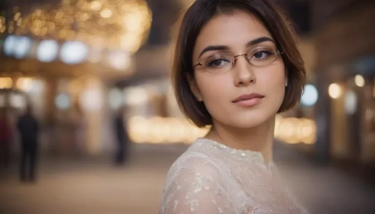 a close up of a woman wearing glasses in a room