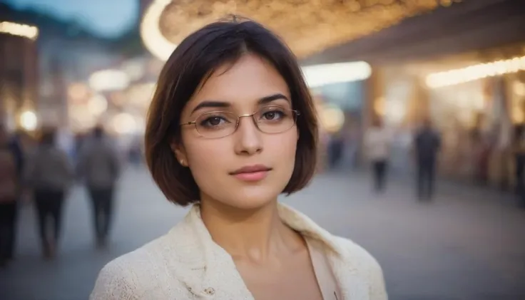 a close up of a woman wearing glasses standing in a street