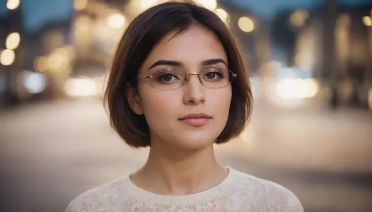 a woman with glasses standing in a city street at night