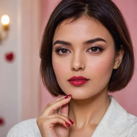 a woman with a red lipstick and a white robe