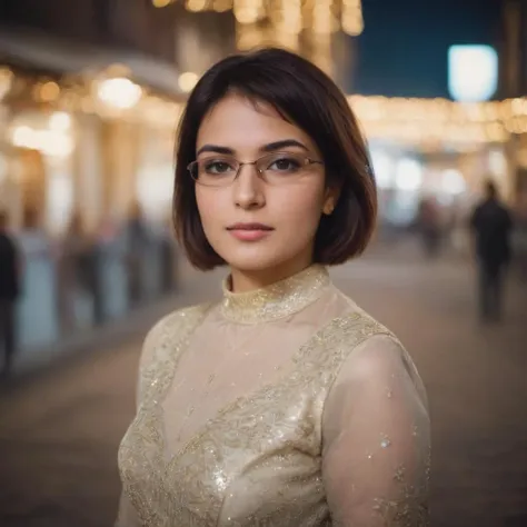 a woman in a white dress and glasses standing in a street