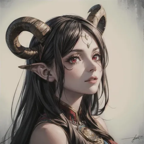 a close up of a woman with horns on her head