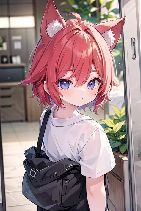 anime girl with red hair and blue eyes wearing a black bag