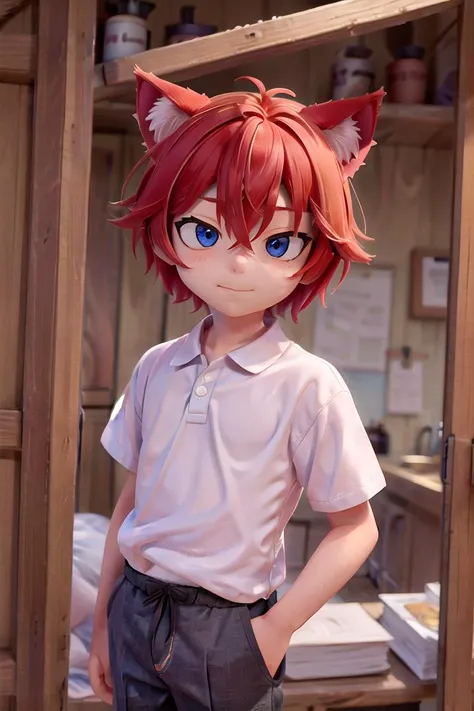 anime - style photo of a young boy with red hair and blue eyes