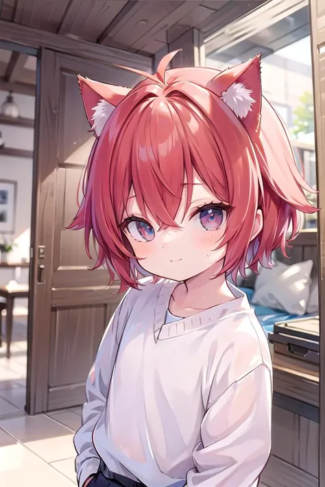 anime girl with red hair and cat ears standing in front of a window