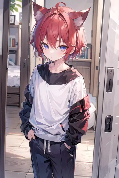 anime girl with red hair and blue eyes standing in front of a door