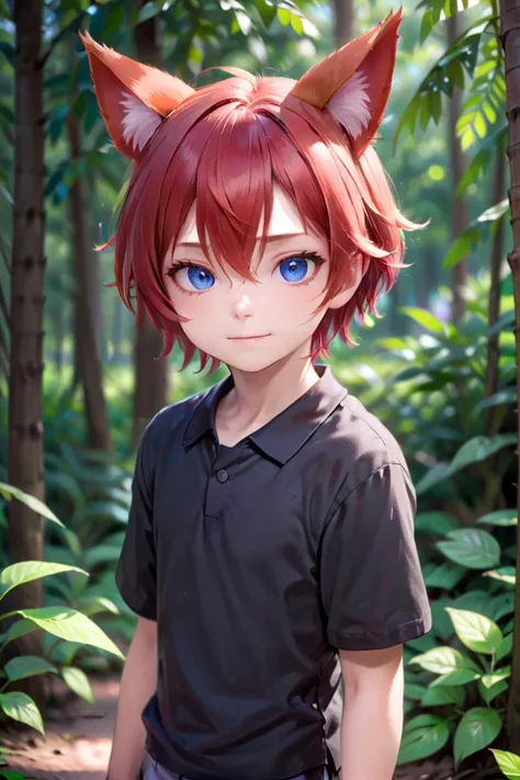 anime boy with red hair and blue eyes in a forest