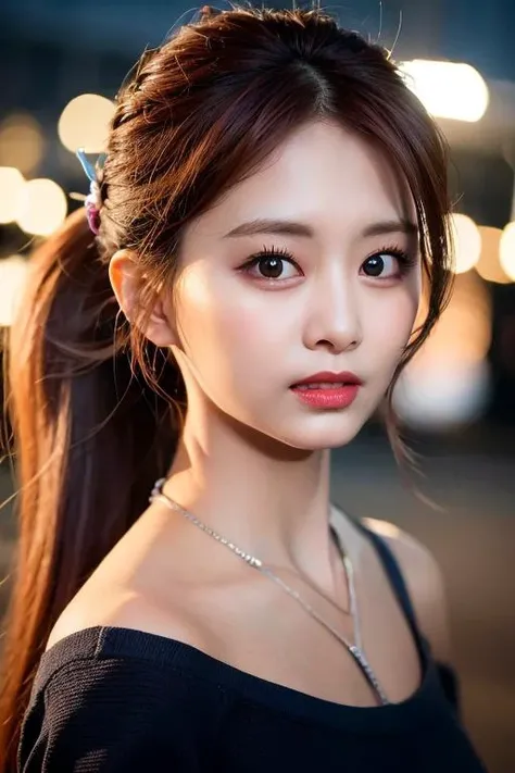 tztwtzuyu, bangs, hair accessories, city, night, high ponytail, perfect skin, (8k, RAW photo, best quality, masterpiece:1.2), (realistic, photo-realistic:1.4), cinematic lighting, photon mapping, radiosity, physically-based rendering,  <lora:tzuyuTWICE_tzu...