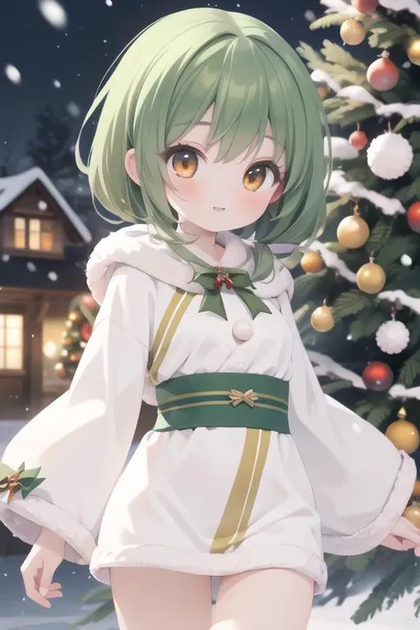 masterpiece, best quality, ultra detailed, anime style, 1girl, young, cute, medium long hair, dark green hair, orange eyes, medium breasts, christmas costume, sexy costume, inside, christmas tree, snowing, warm, beautiful face, happy, cowboy shot