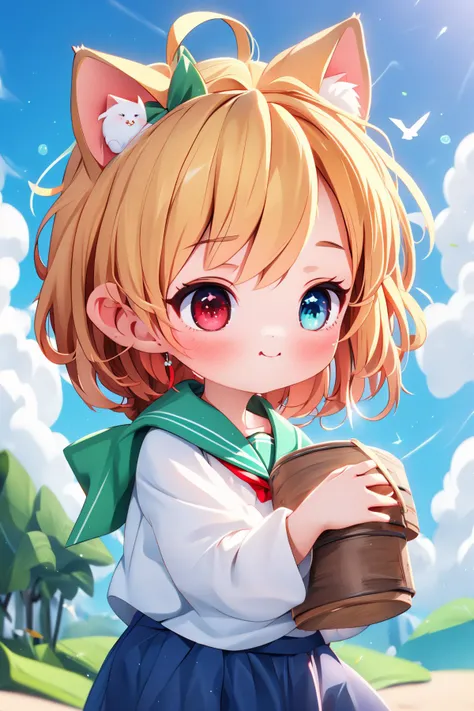 1girl,bangs,beach,bird,black legwear,(heterochromia:1.4),(red eyes:1.4),(blue eyes:1.4),blonde hair,cat ears clouds,blue sailor collar,blue skirt,blue sky,blush,red bow,closed mouth,cloud,cloudy sky,condensation trail,day,