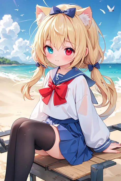 1girl,bangs,beach,bird,black legwear,(heterochromia:1.4),(red eyes:1.4),(blue eyes:1.4),blonde hair,cat ears clouds,blue sailor collar,blue skirt,blue sky,blush,red bow,closed mouth,cloud,cloudy sky,condensation trail,day,