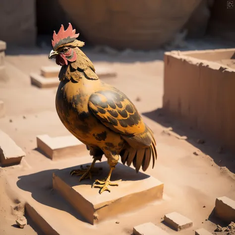 there is a statue of a rooster on a pedestal in a courtyard