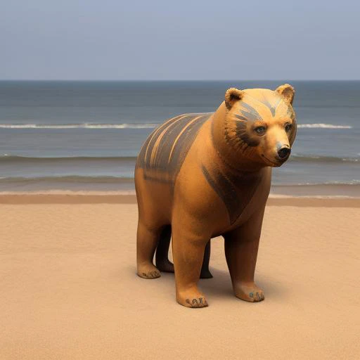 there is a brown bear statue on the beach near the ocean