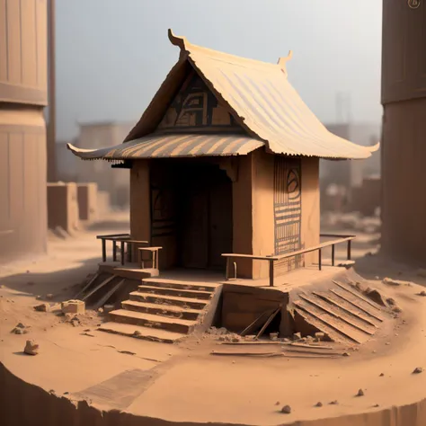 a (paintedpotterycd, dirty:1.2, broken:1.3) statue of a chinese building, house, building model, (very simple construction:1.3, ...