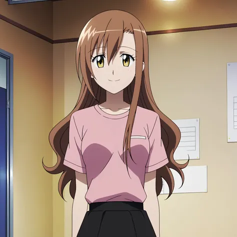 anime girl in pink shirt and black skirt standing in a room