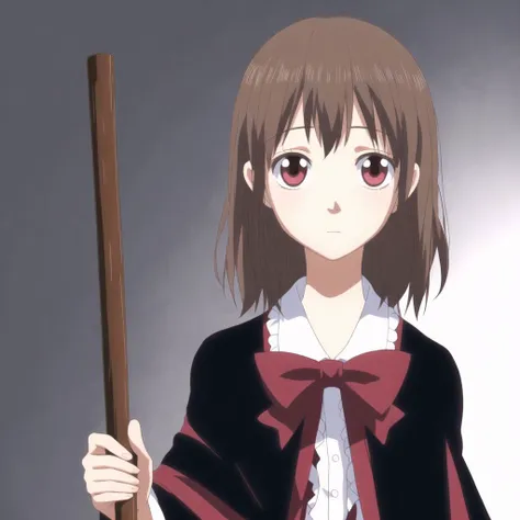 <lora:lovelycomplex3:1>, 1girl, bow, brown hair, cape, grey background, hair bow, hand on hip, highres, holding, holding staff, looking at viewer, over shoulder, rakugaki suruhito, red eyes, solo, staff, white bow