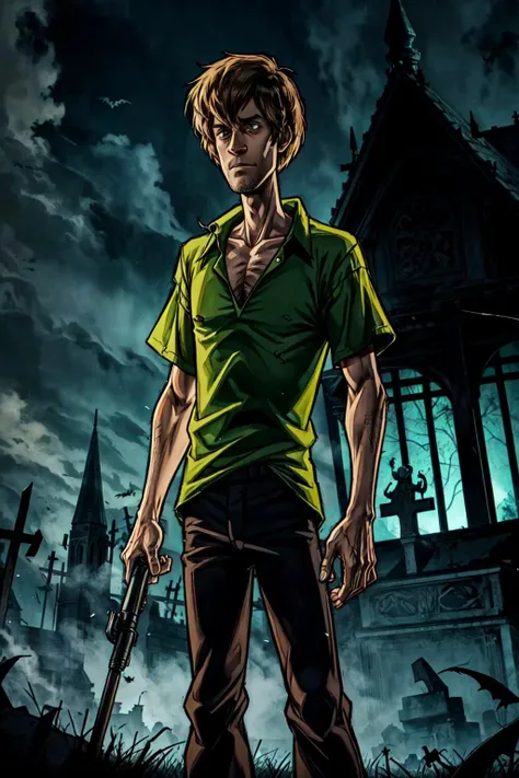 1man, solo, worried, holding a flashlight, cowboy shot, <lora:Shaggy:0.9> Shaggy, green shirt, brown pants, night, haunted castle, bats, ghost, dark atmosphere, cemetery, cartoonish horror, detailed background, <lora:add_detail:0.7>,