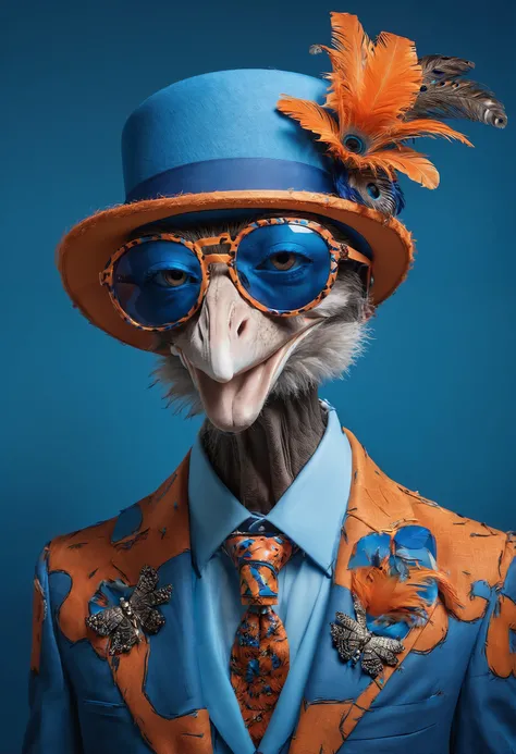 highend portrait of a ostrich, high fashion Style with crazy glasses and stylish clothes amnd necklace, hut og butterflies, color: blue and orange, background: dark and luxury, hyper detailled, stil: raw, cinematic light, canon, aexpressive and original, c...