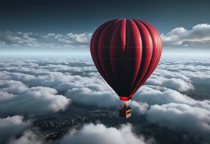 a red hot air balloon floating over the clouds, in the style of gothic dark and moody tones, photobashing, impressionist atmospheric, rendered in unreal engine, trapped emotions depicted, dark, foreboding colors, shot on 70mm