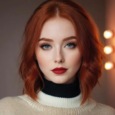 a close up of a woman with red hair and a turtle neck sweater