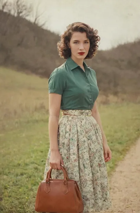 Vintage photography, a beautiful woman, uptight demeanor, in her late 20s, she has short curly brown hair, 50s era vibe, wearing a skirt and a blouse, holding a handbag, standing outside in a somewhat rural environment, she has a slight crush on the photog...