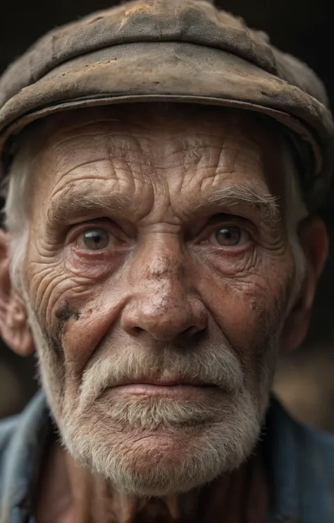 an old man with a hat and a beard looks at the camera