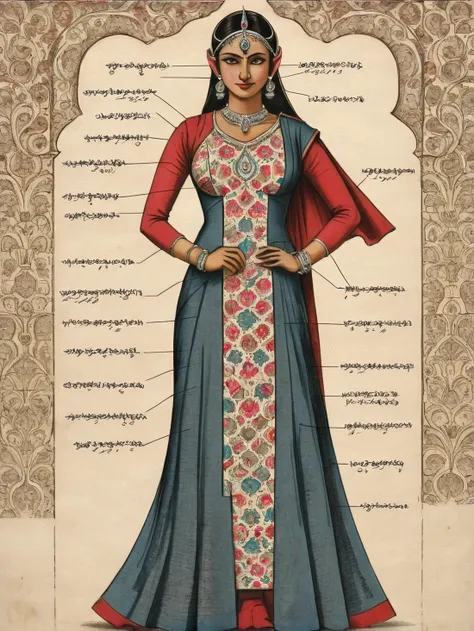 a drawing of a woman in a blue dress with red and blue accents