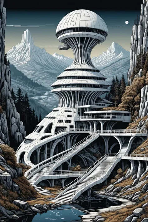 a poster of a futuristic building in the mountains