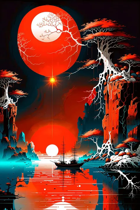 a painting of a boat floating in a body of water under a red moon