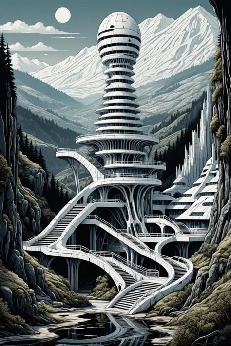 a poster of a futuristic building in the middle of a mountain