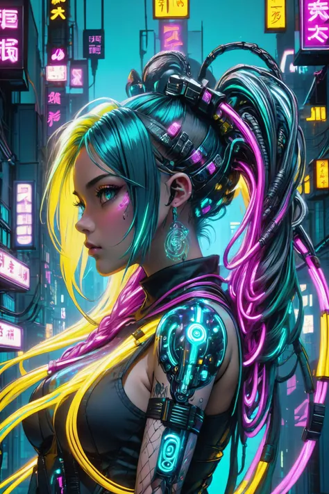 a woman with neon hair and a futuristic outfit in a city