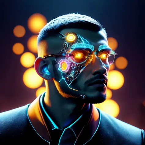 ((best quality)), ((masterpiece)), ((realistic,digital art)), (hyper detailed),cyberpukai holographic transparent cyberpunk male , Legal age Pear-shaped, Russian, Amber eyes,  Button Nose, Square Chin,  Full Cheeks, Straight Forehead,   Teeth, Chestnut Cor...