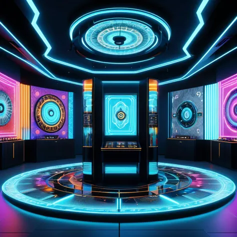 a futuristic room with neon lights and a circular display