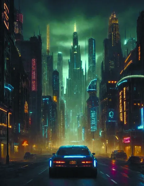 a car driving down a city street at night with neon lights