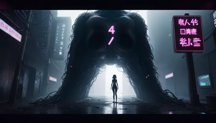 a woman standing in front of a giant monster in a city