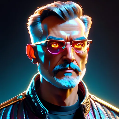 ((best quality)), ((masterpiece)), ((realistic,digital art)), (hyper detailed),cyberpukai holographic transparent cyberpunk male Retirement age Wholesome, European, Light brown eyes,  Deviated Septum Nose, Protruding Chin with Cleft, Underbite Jaw,  Angula...