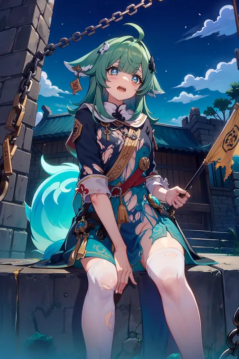 nsfw,masterpiece, best quality, best light, best shadow, highly detailed,ultra detailed,huohuo, 1girl,solo, green hair, long hair, tail,open mouth,jiangshi, glowing light, aqua eyes, drooling, torn clothes, cheongsam, torn pantyhose, bare_legs, ahirusuwari...